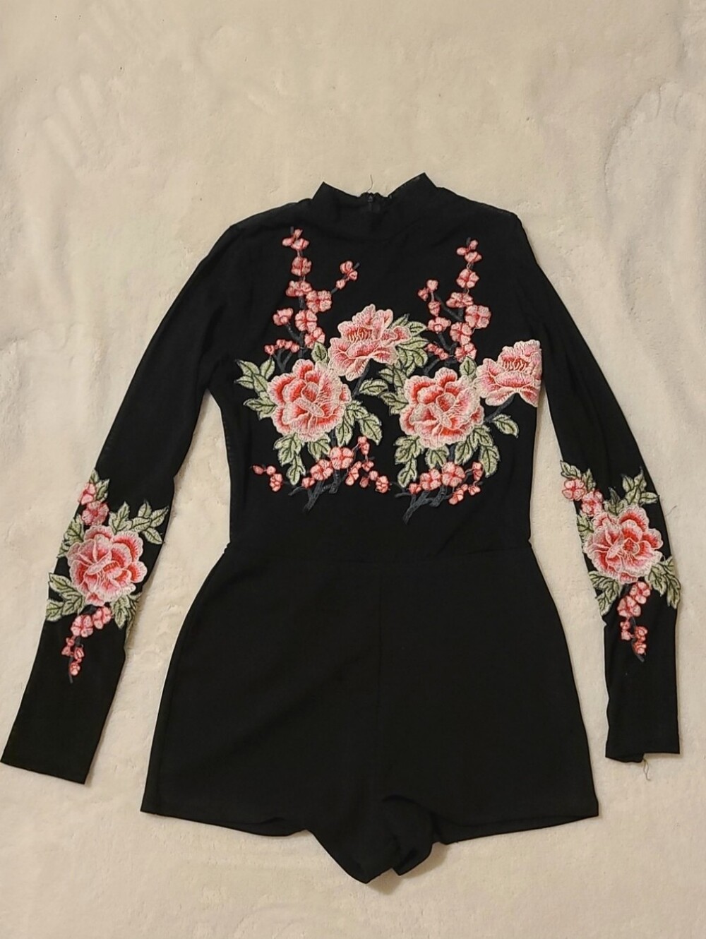 Forever 21 Black Long-Sleeve Floral Embroidered Romper
